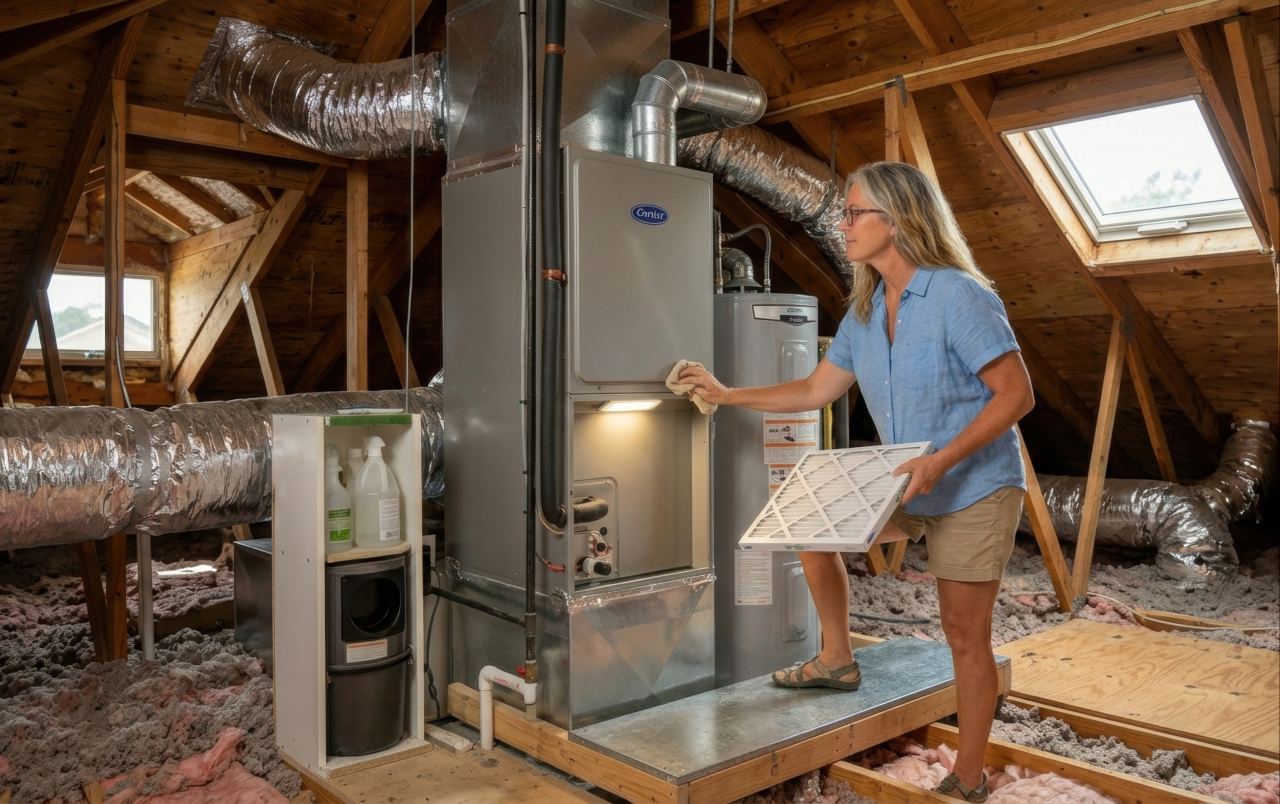 A middle-aged woman stands in an unfinished attic holding a white pleated air filter while cleaning the open panel of a gray Carrier air handler.