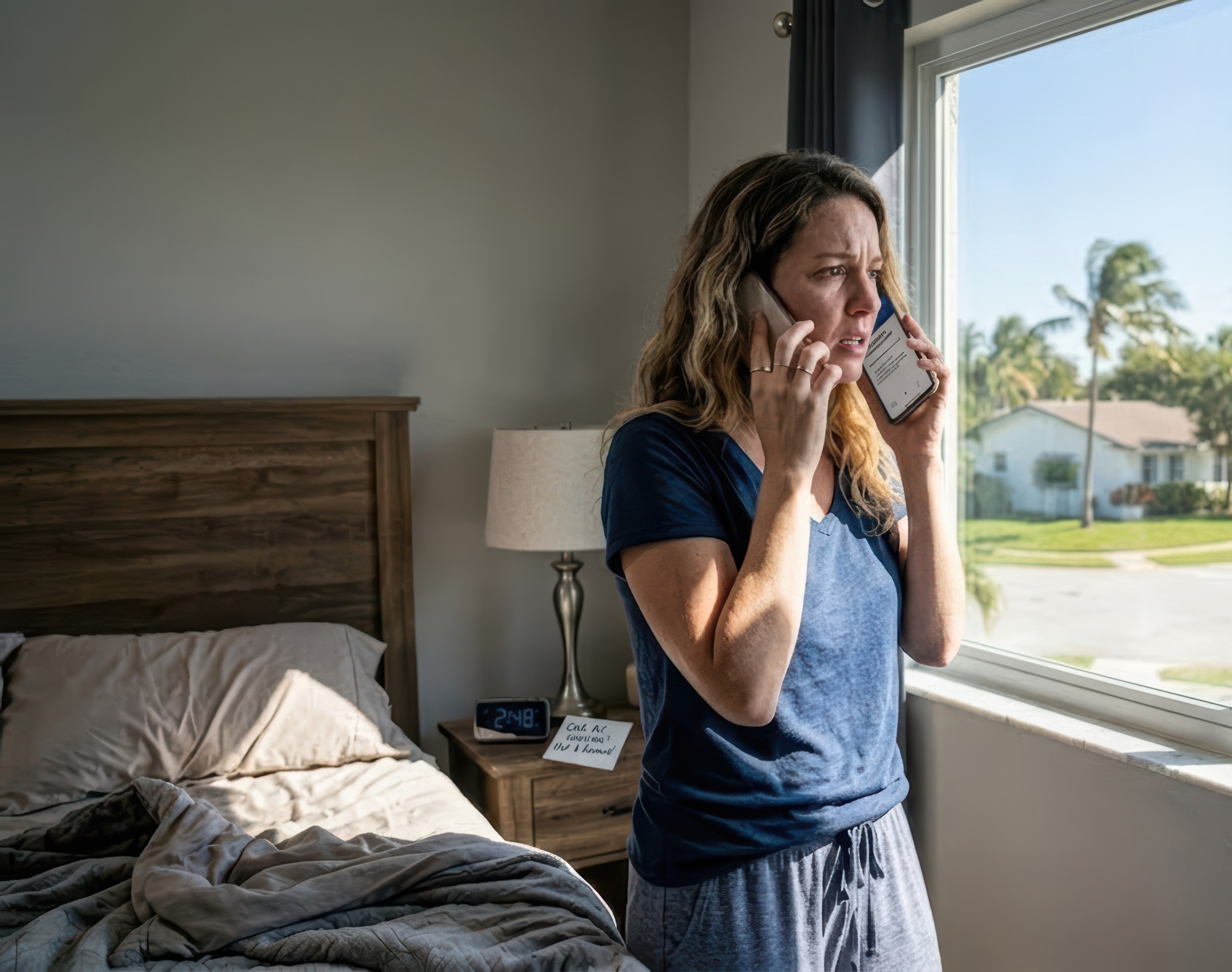 A distressed middle-aged woman stands by her bedroom window making a phone call to report an ac unit clicking.