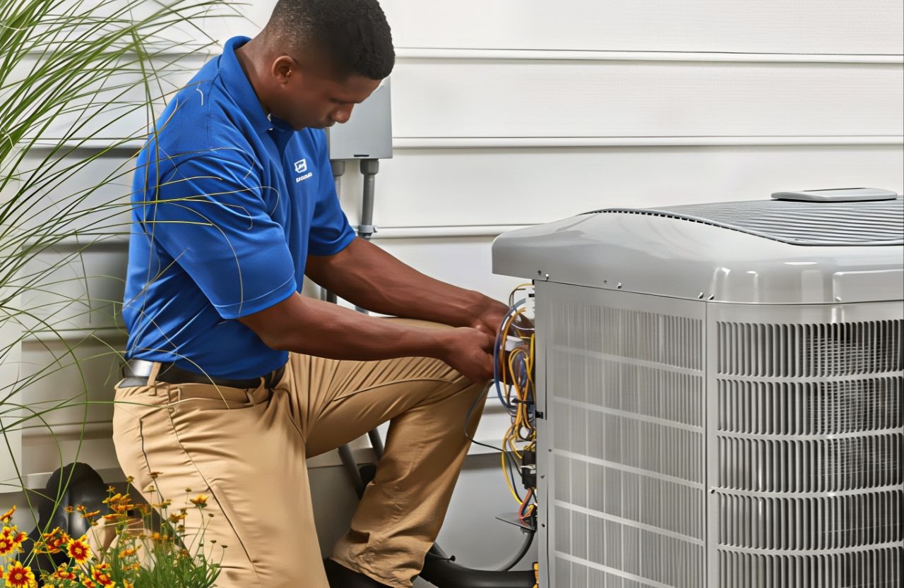 HVAC technician in blue shirt works on gray outdoor AC condensers beside white house siding with colorful flowers and palm plants nearby.