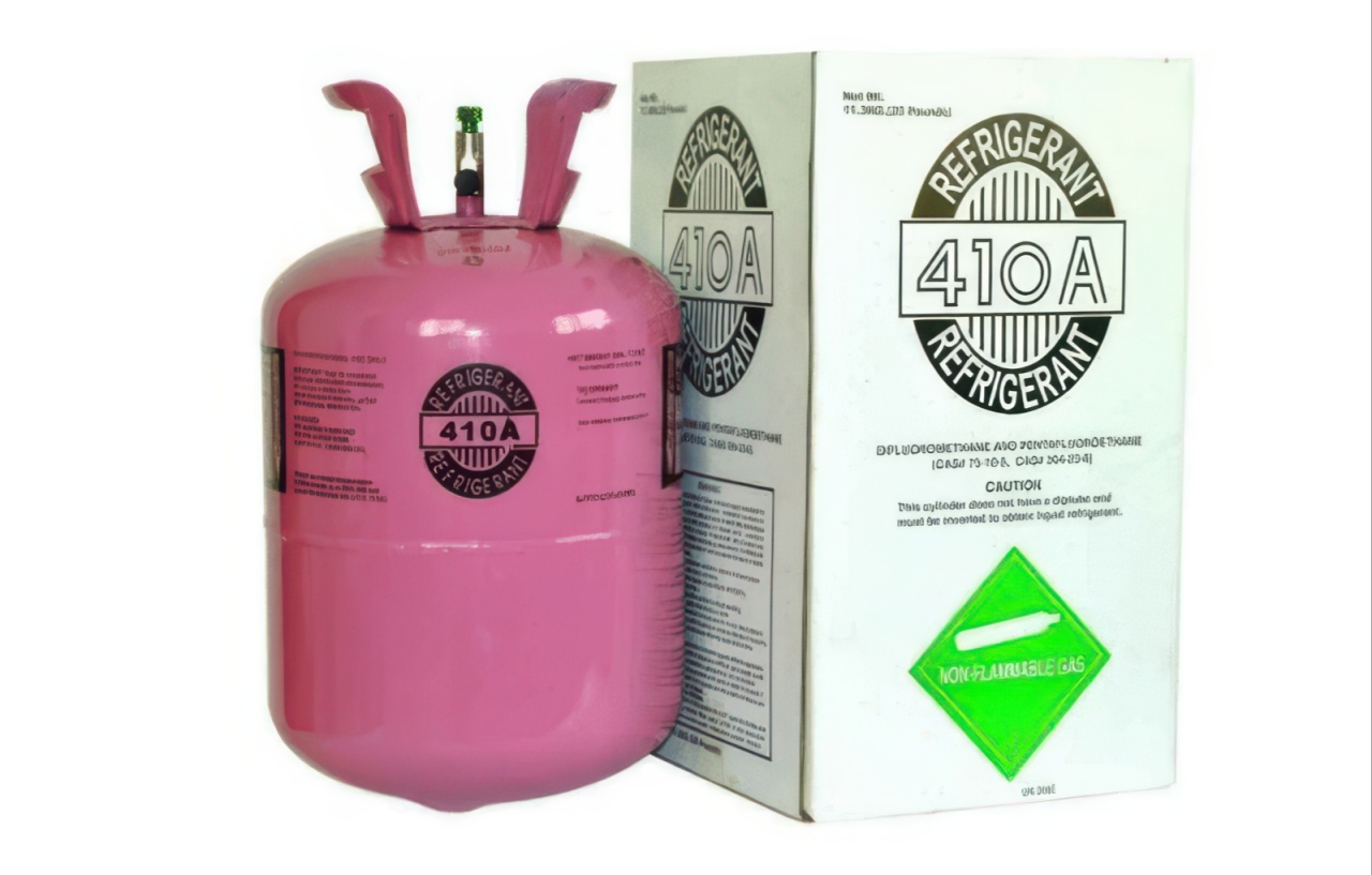 Product image of an R-410A refrigerant canister and its box, showing printed branding and a green safety diamond on the packaging