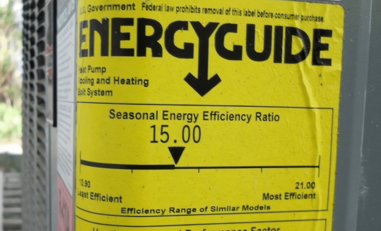 Product label photo showing an EnergyGuide sticker mounted on the side of a heating and cooling system unit.
