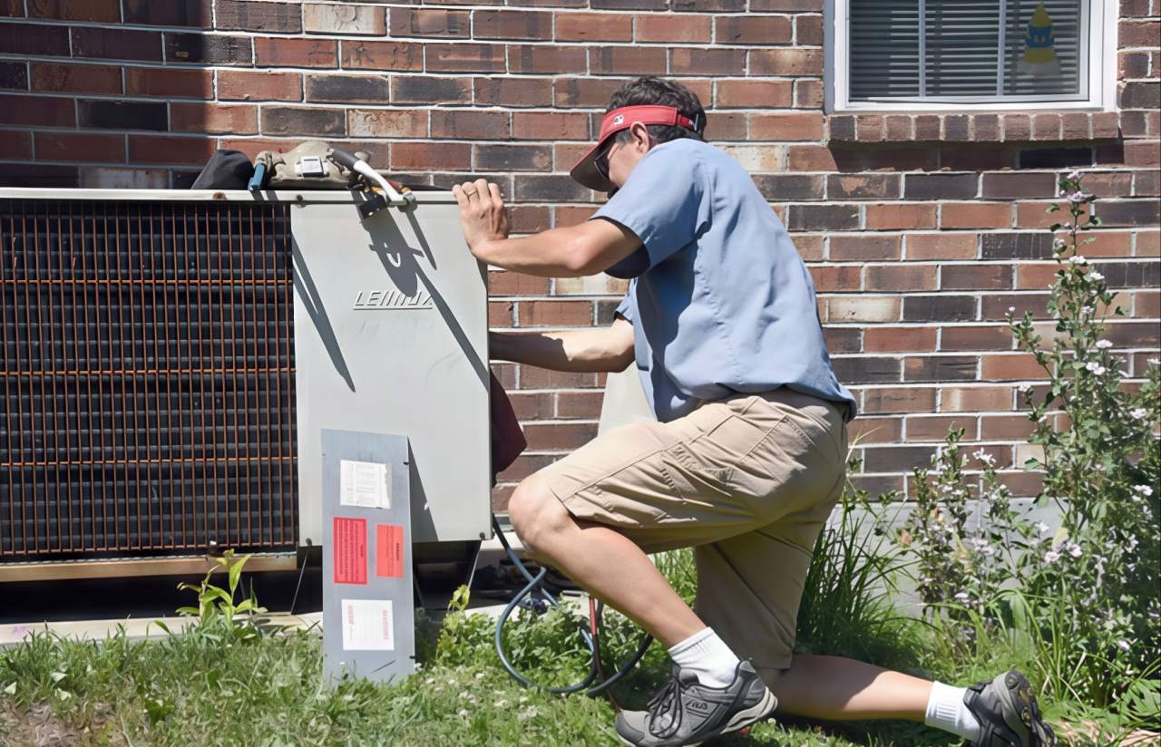 An HVAC technician wearing a blue shirt, tan shorts, red cap, and safety glasses kneels on grass while working on a gray outdoor air conditioning unit positioned against a red brick residential wall.
