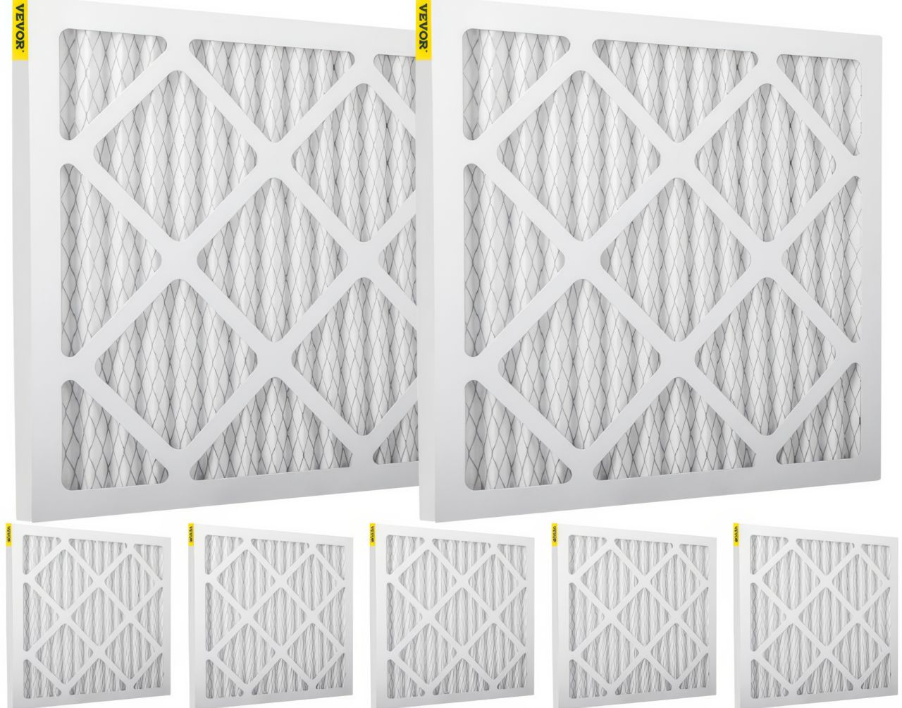 Seven white-framed pleated air filters with gray filtration material arranged showing two large filters above five smaller filters on white background.