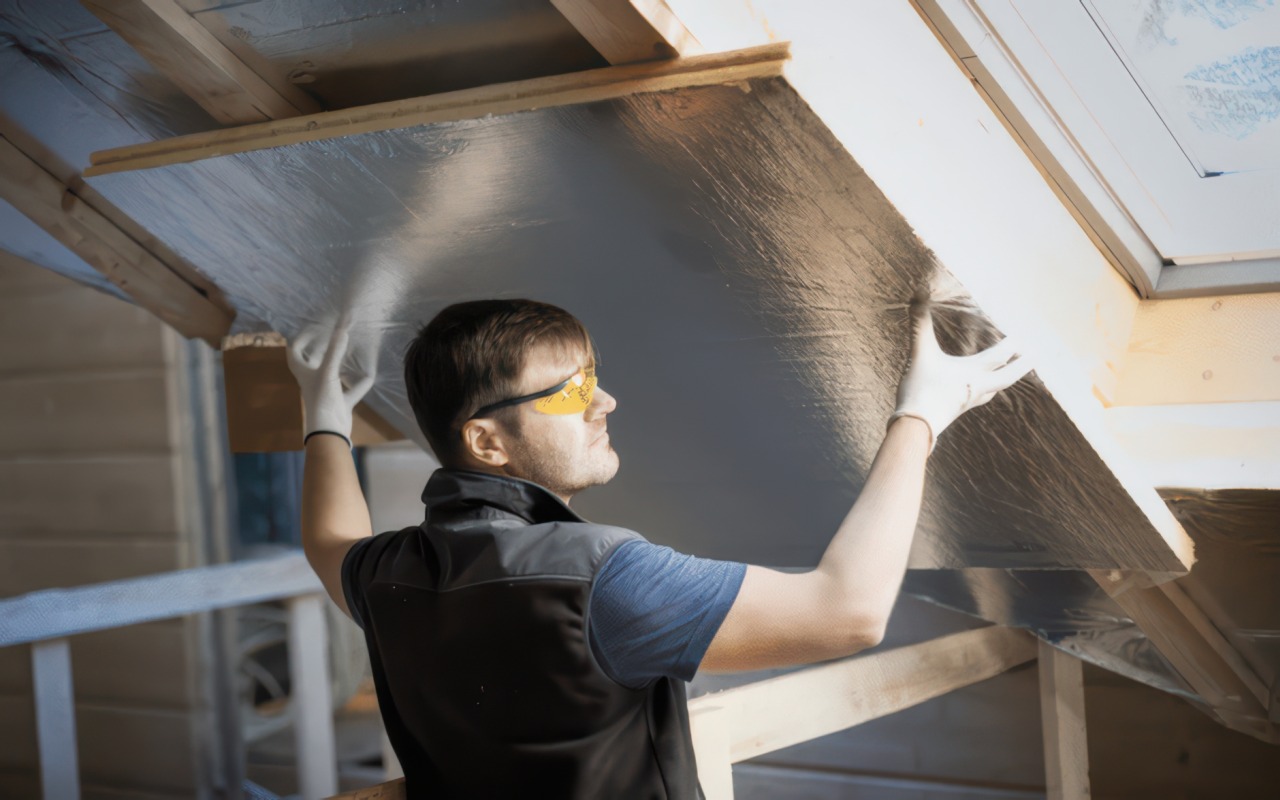 This photograph shows a young man with a focused expression, wearing safety glasses and white gloves, positioning a large reflective silver insulation board beneath the wooden rafters of an attic.