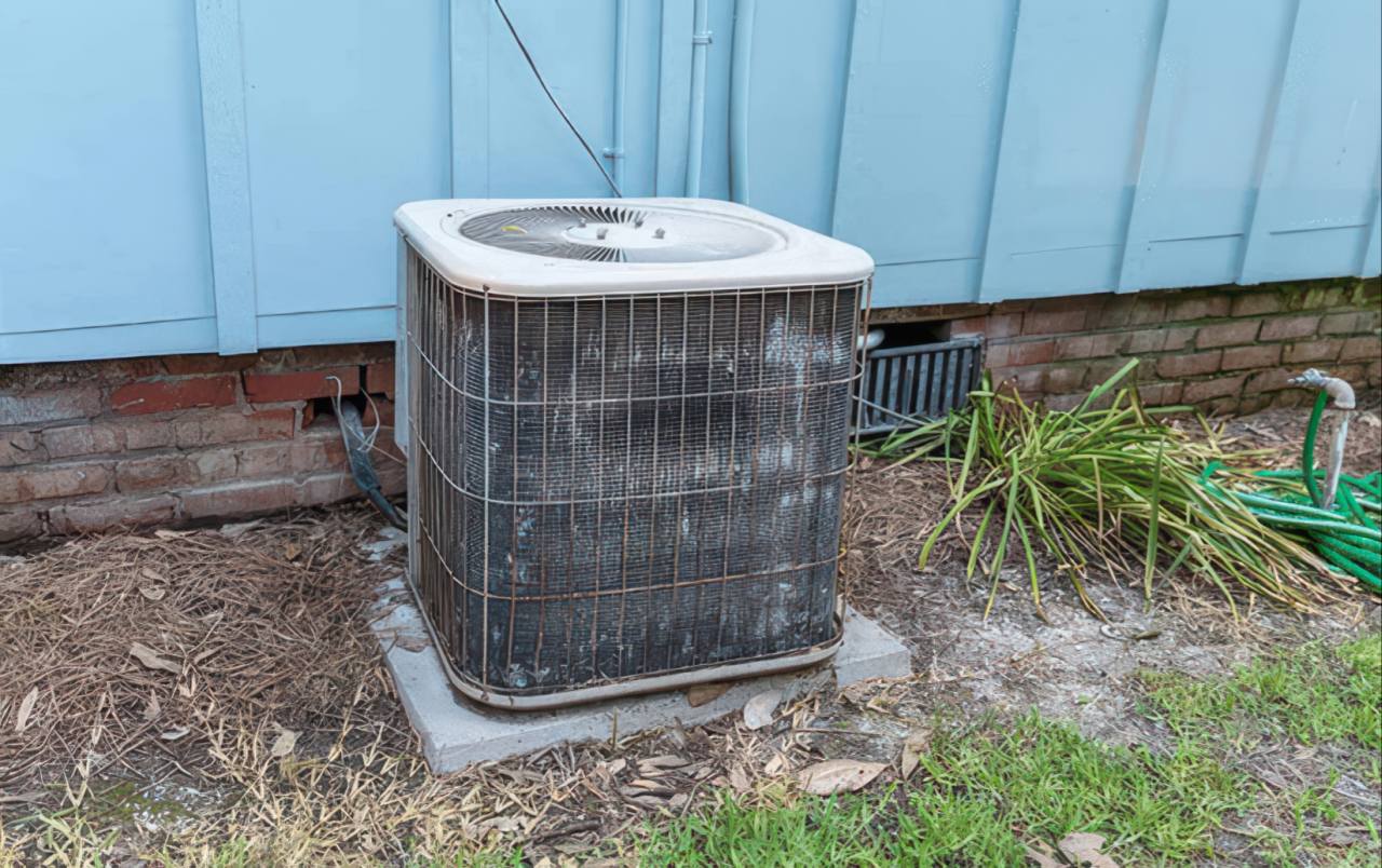 This photograph shows an outdoor condenser unit resting on a square concrete pad surrounded by pine straw and sparse grass. The unit stands before a light blue sided wall and a red brick base, with a green garden hose visible on the right.