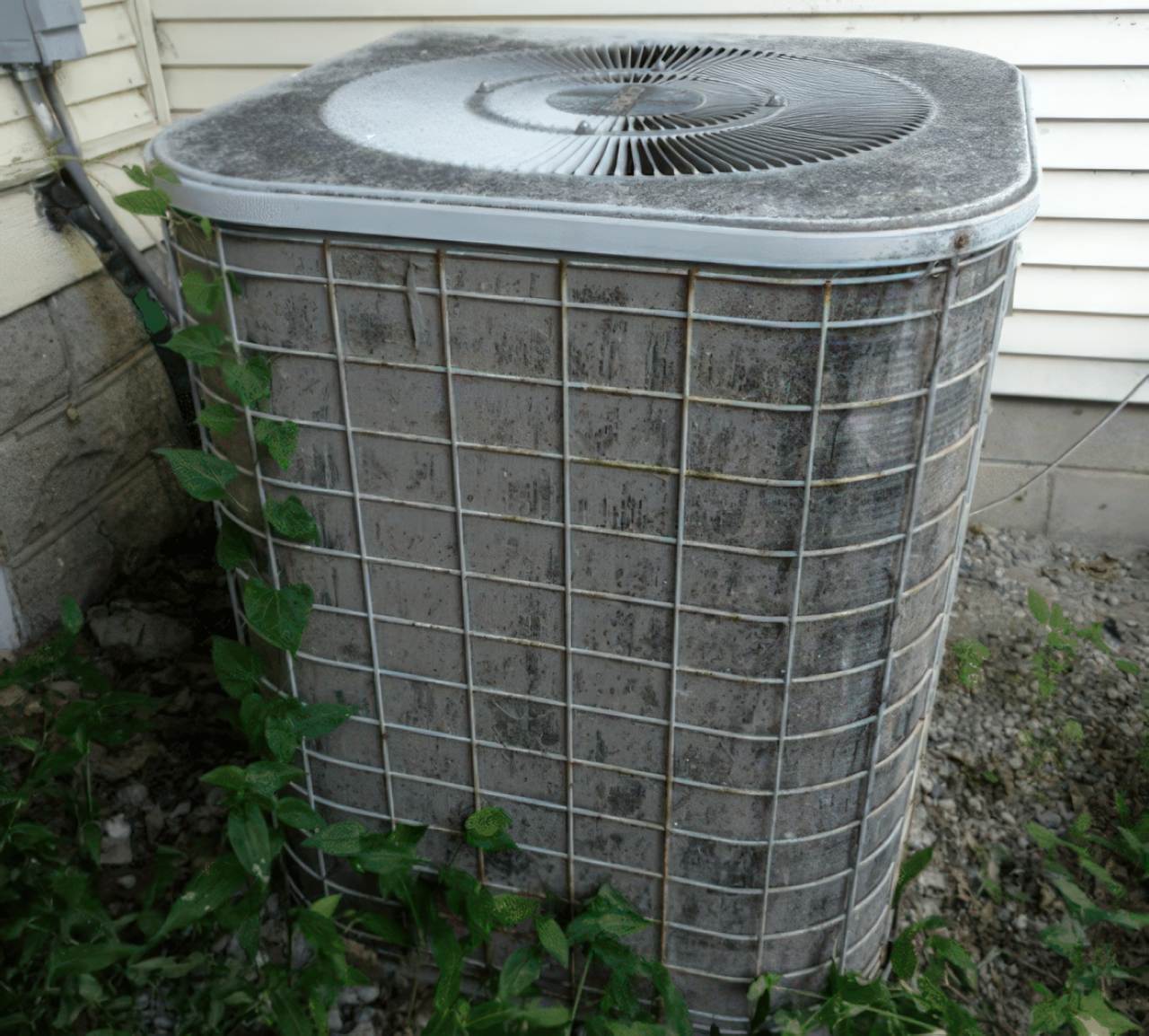 Neglected air conditioning unit covered in thick dust and dirt sits against white house siding with overgrown plants at base