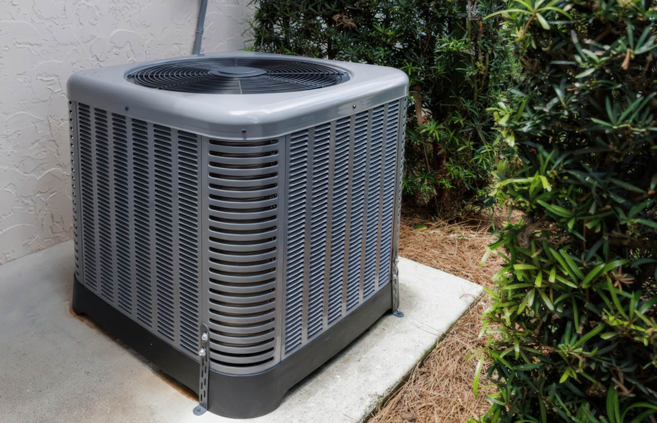 Gray outdoor air conditioning unit sits on concrete pad against textured white wall with green bushes and brown mulch nearby.
