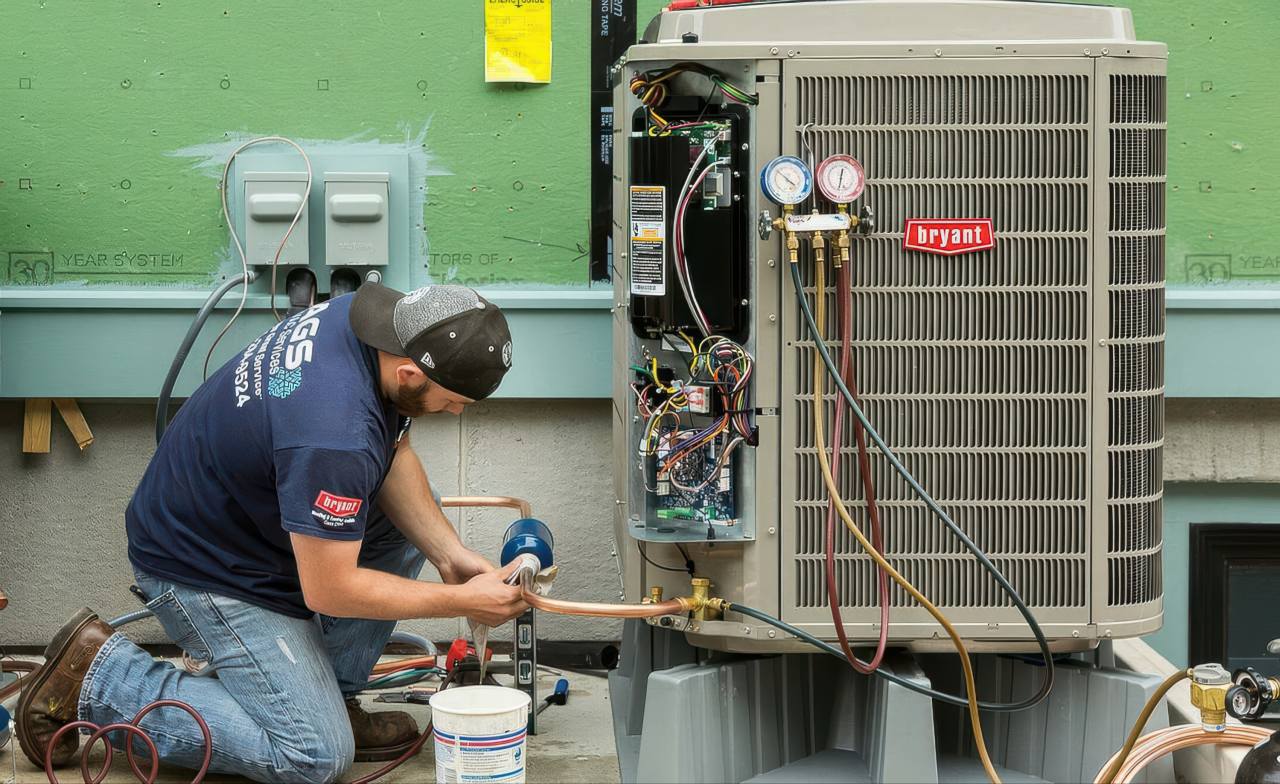 This outdoor scene features a technician focused on repairing copper tubing for an AC unit, wearing a blue shirt and backward cap. Tools are on the ground, and pressure gauges hang on the grey Bryant unit.