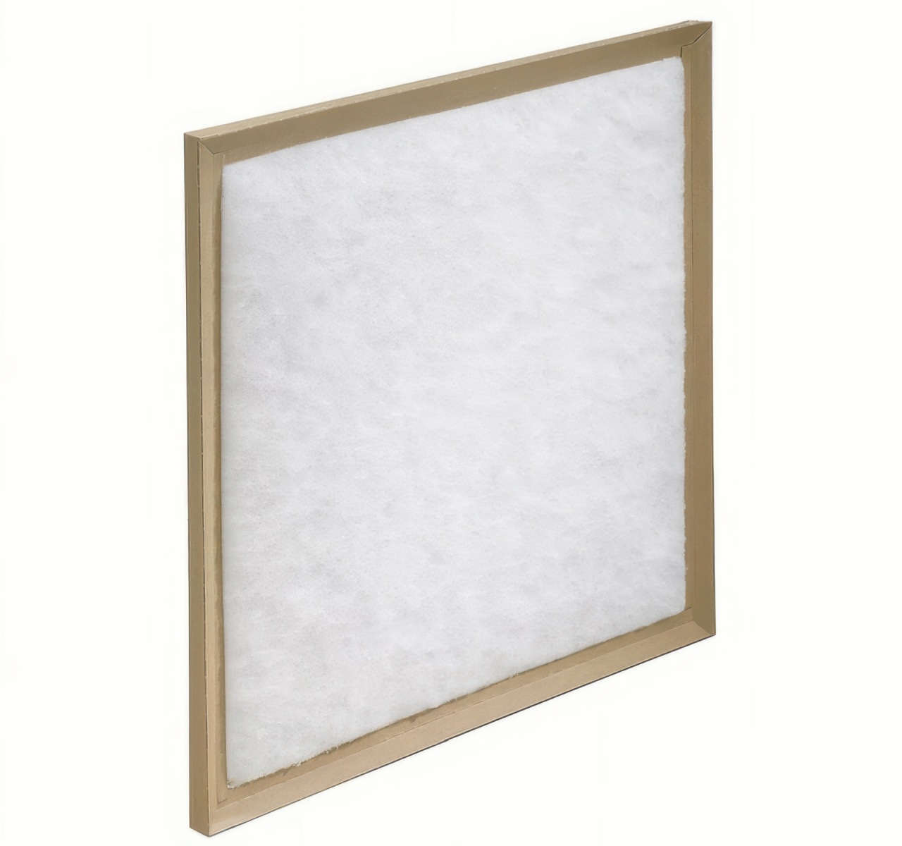 This photograph displays a square air filter designed with a light brown frame and a thick, white fibrous middle section. The object is angled against a solid white backdrop, highlighting its clean and simple construction.