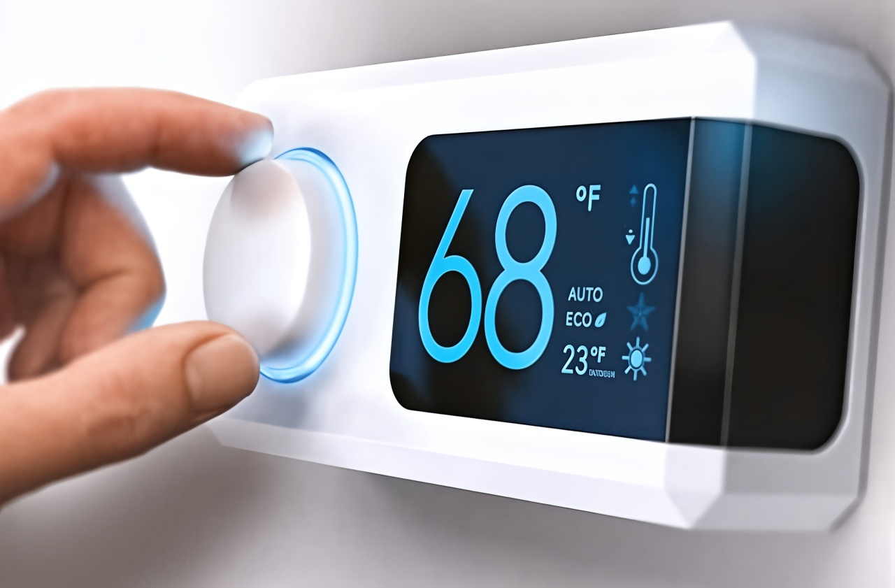 Hand turns dial on white wall-mounted thermostat displaying 68 degrees Fahrenheit with AUTO and ECO modes shown on blue digital screen