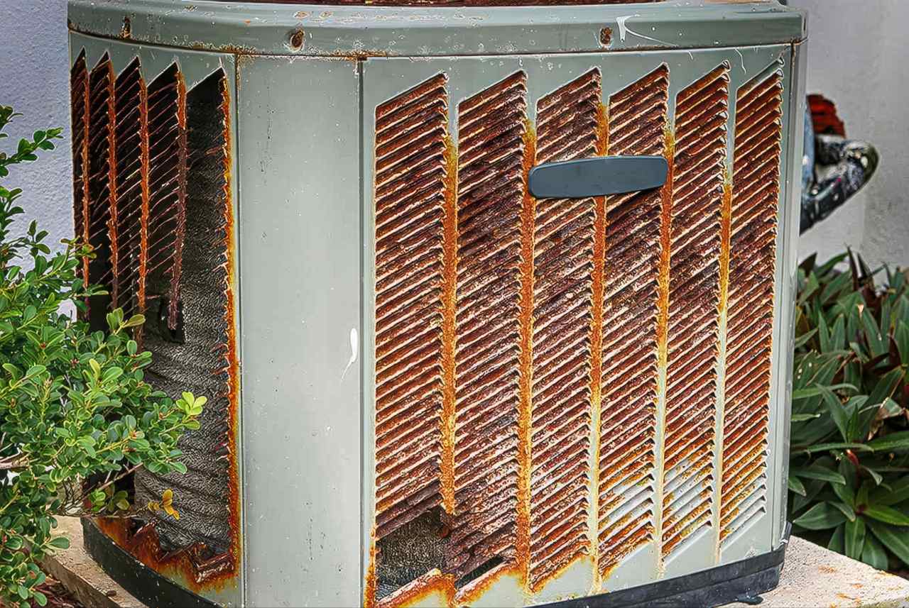 Severely rusted green air conditioning condenser with orange corroded metal fins and deteriorated housing sits outdoors next to green plants