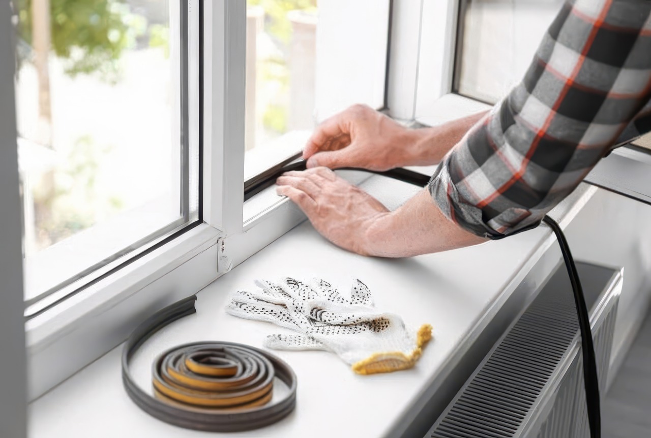 A person wearing a gray and red plaid shirt applies black foam weatherstripping to a white window frame, with rolled gray and tan seal material and white dotted work gloves placed on the windowsill.
