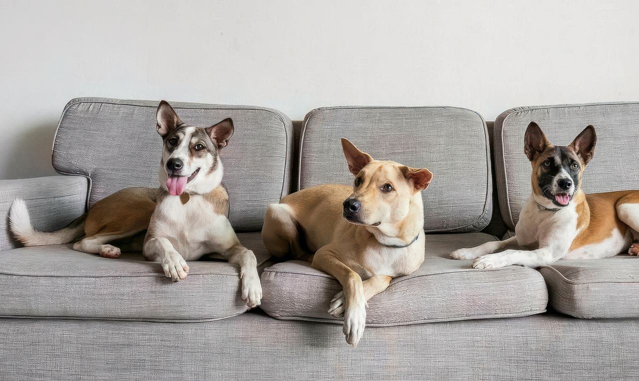 The indoor setting features three dogs resting on a grey sofa against a plain white wall. One dog is tan while the other two have multicolored fur.