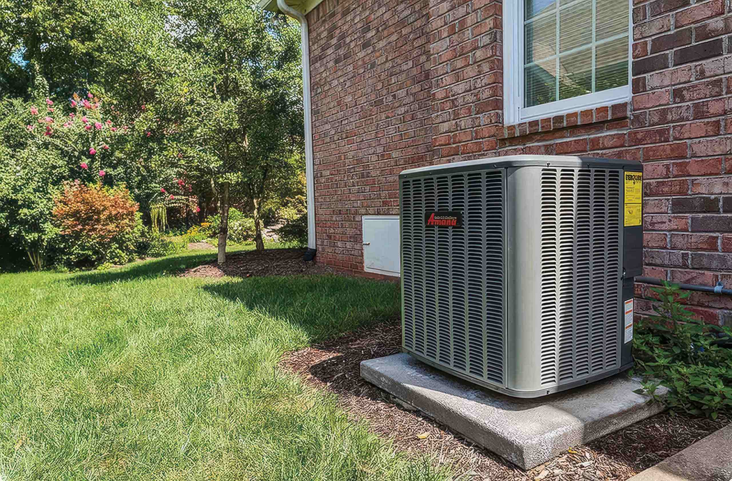 Two gray outdoor air conditioning units sit on concrete platforms against a red brick residential wall, raising the question how long do air conditioners last in Florida for homeowners.