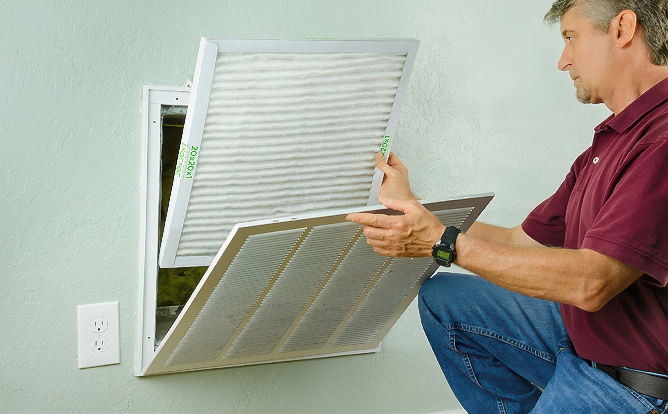Knowing how often to change ac filter in florida is vital as a middle-aged man replaces a white pleated filter. He kneels on the floor beside a light green wall to access the metal vent frame.