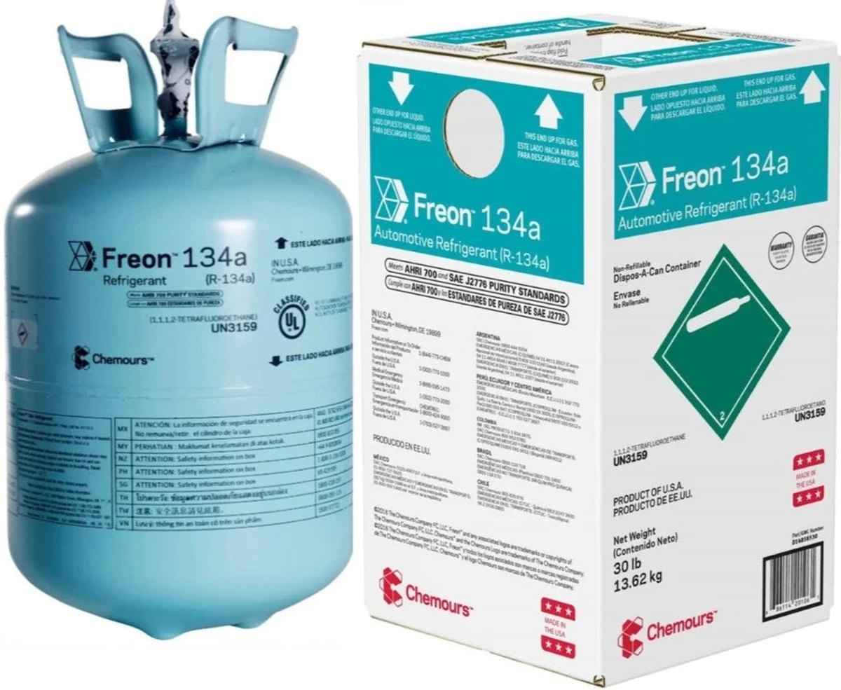The image shows a thirty pound tank of Freon 134a alongside its shipping box which notes it is a product of the United States.