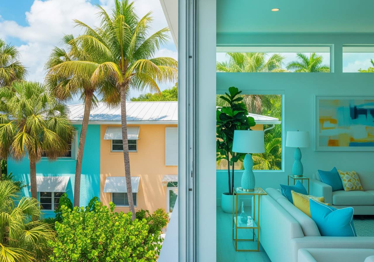 A bright Florida home shows a cool, modern interior with tropical views and pastel exteriors under swaying palm trees outside.