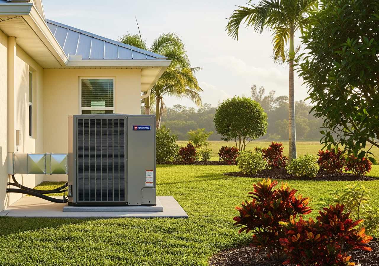 A heat pump unit sits outside a Florida home surrounded by lush landscaping, palm trees, and early morning sunlight.