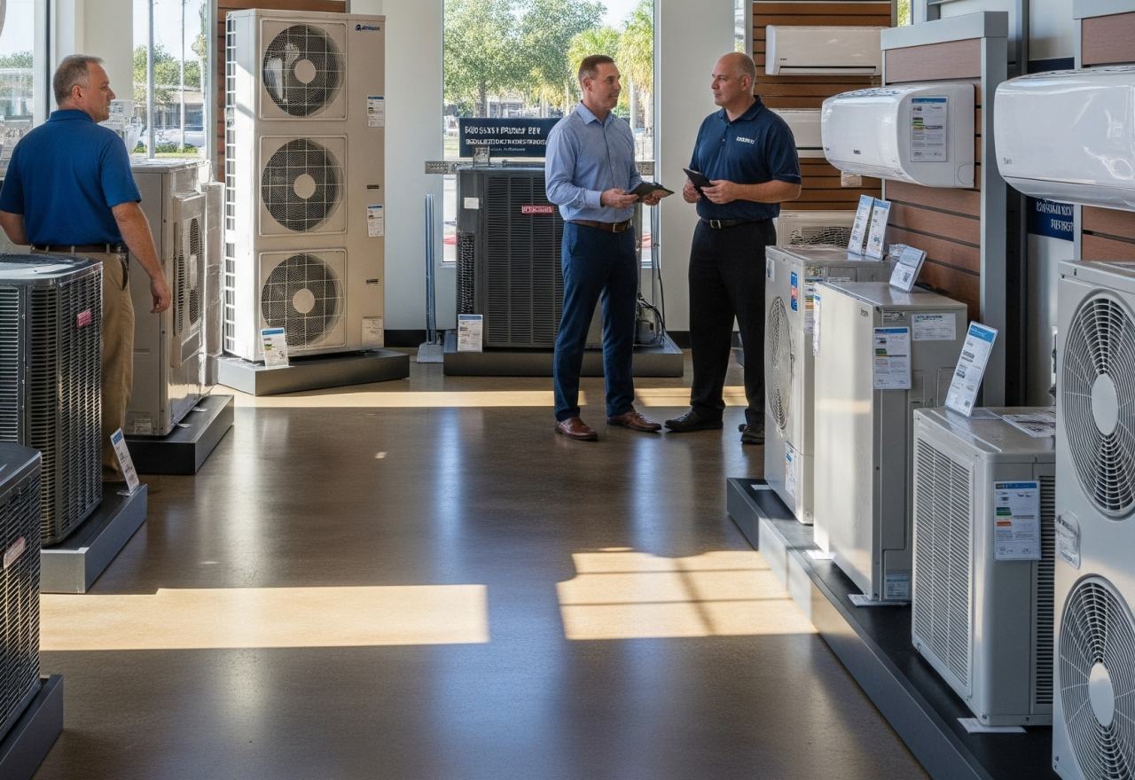 Three men stand in a Florida HVAC showroom, surrounded by various heat pumps and AC units mounted on walls and display platforms.