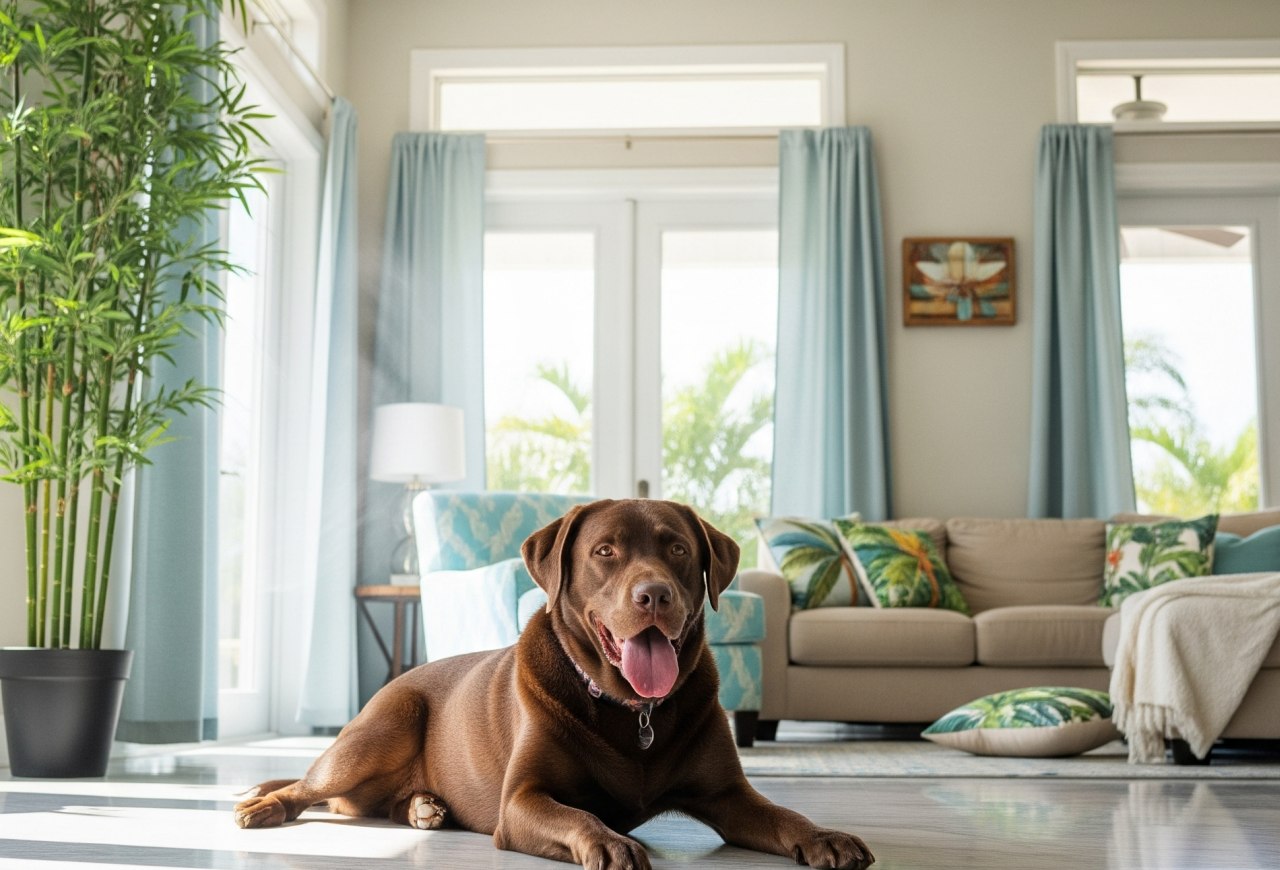 A chocolate lab relaxes on the cool floor of a Florida living room, surrounded by tropical decor and soft natural light.