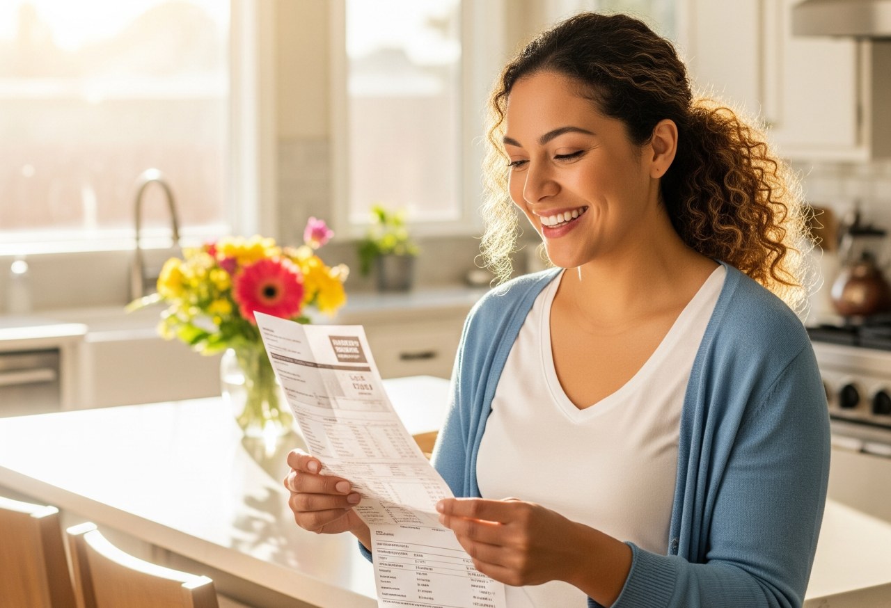 A smiling woman in a Florida kitchen reads her lower energy bill, standing near a bright bouquet of flowers on the counter.