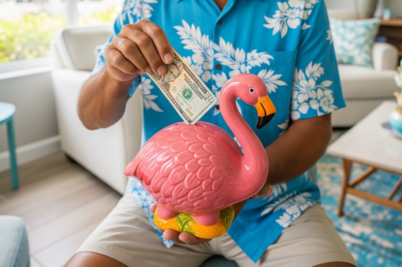 man in a floral shirt saves money by placing a $ bill into a pink flamingo piggy bank at his Florida home.