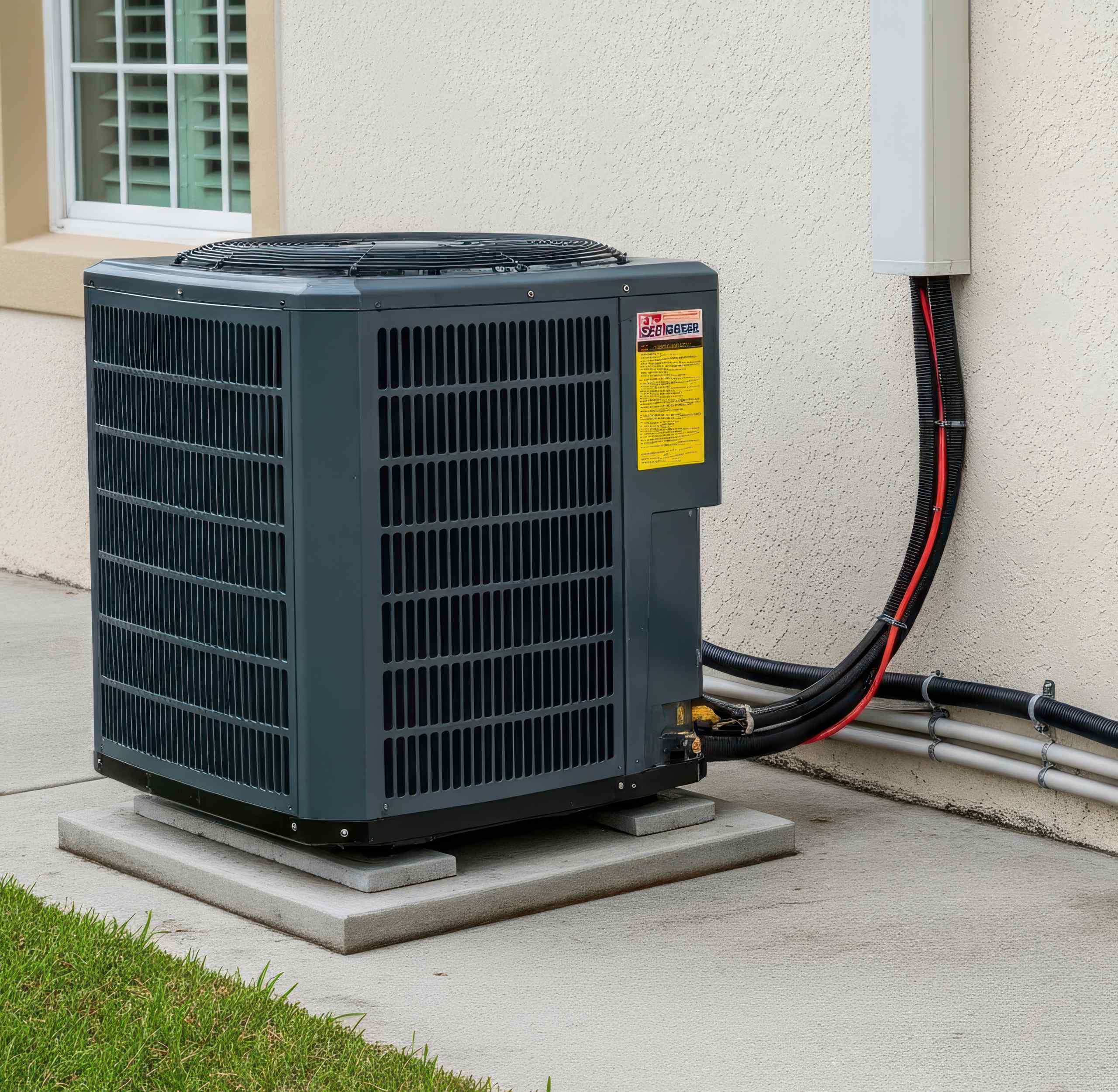 A two-stage heat pump unit sits on a concrete pad outside a Florida home, connected to the house by insulated cables.