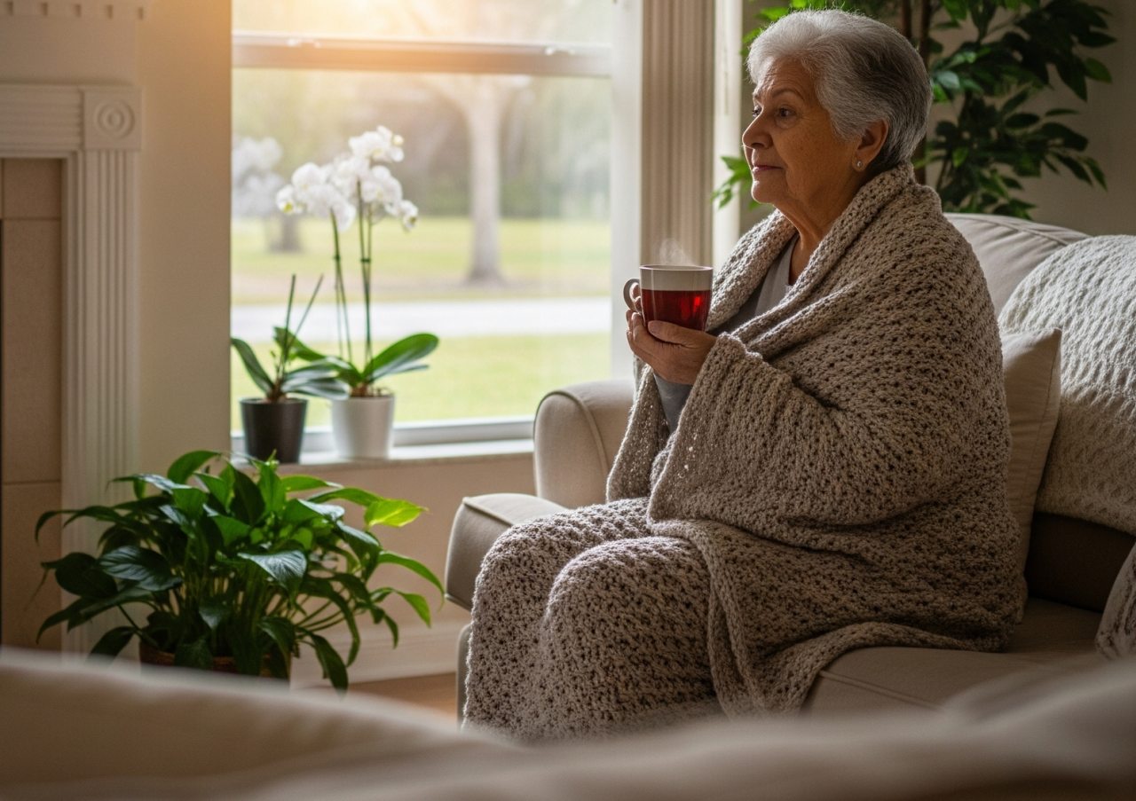 An older woman in Florida sits wrapped in a cozy blanket, sipping tea by the window on a cool winter morning.