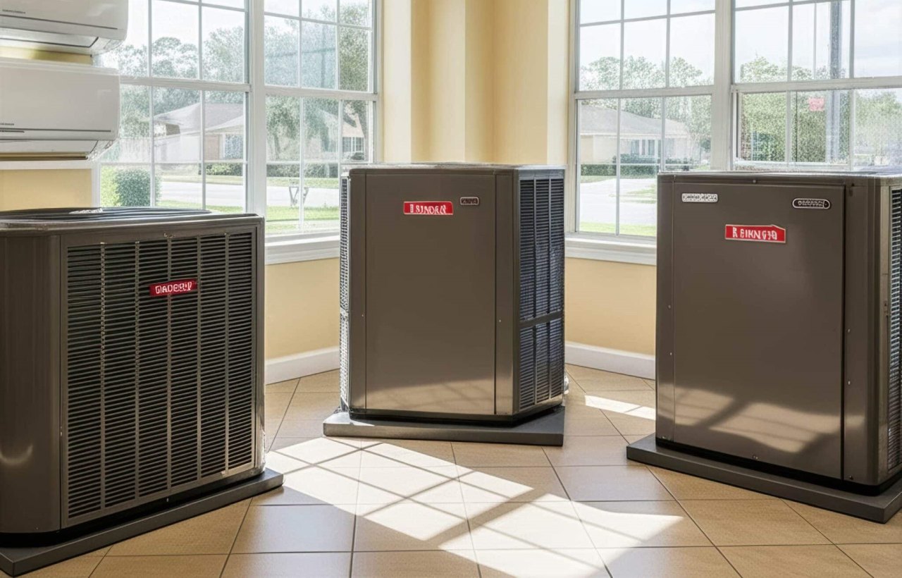 Three large air conditioning units displayed indoors near windows.