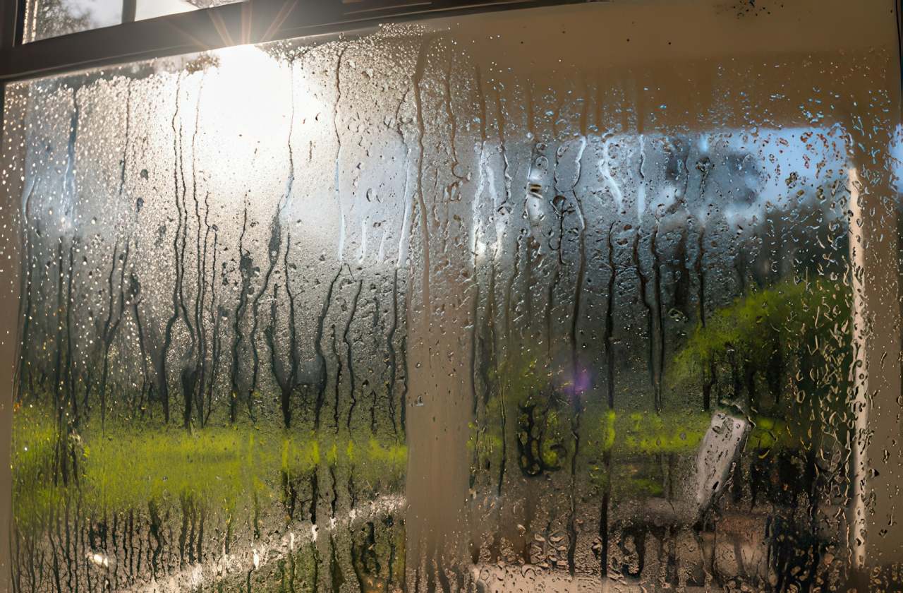 Condensation covering a window with sunlight shining through.