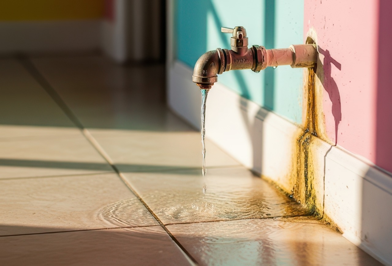 Leaking pipe on a wall with water pooling on the floor and rust stains around it.