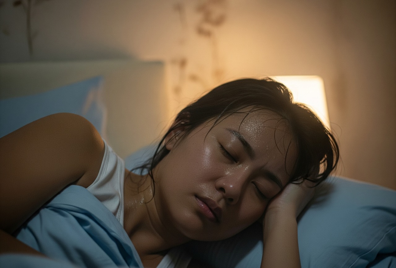 A woman drenched in sweat while sleeping is a clear sign it’s time to learn how to lower house humidity.