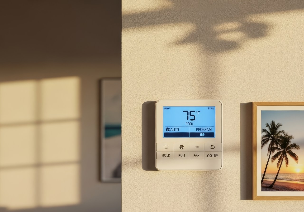 Wall-mounted digital thermostat displaying 75°F, with evening light casting soft shadows and a beach photo nearby.