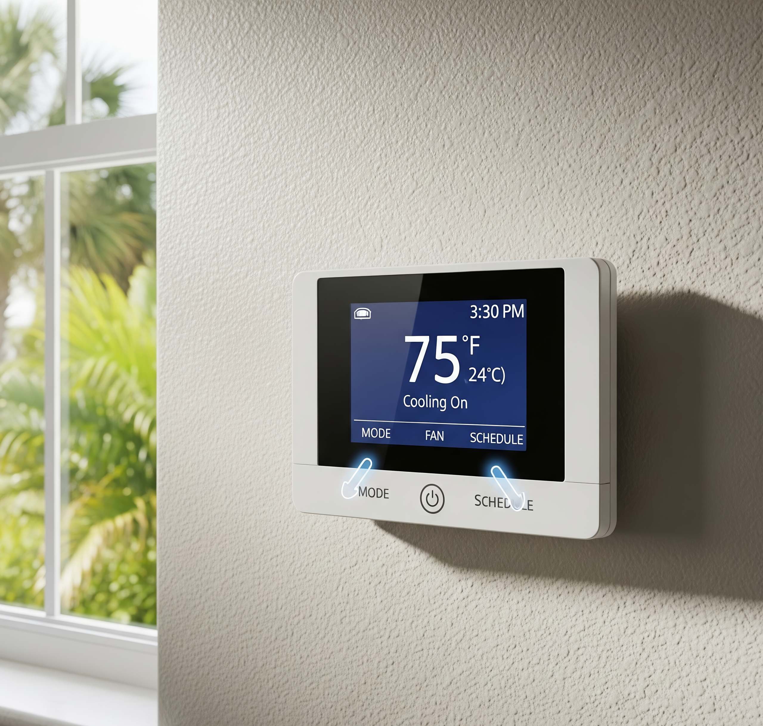 Digital thermostat on a wall showing 75°F in a modern home, used to illustrate how long do thermostats last.