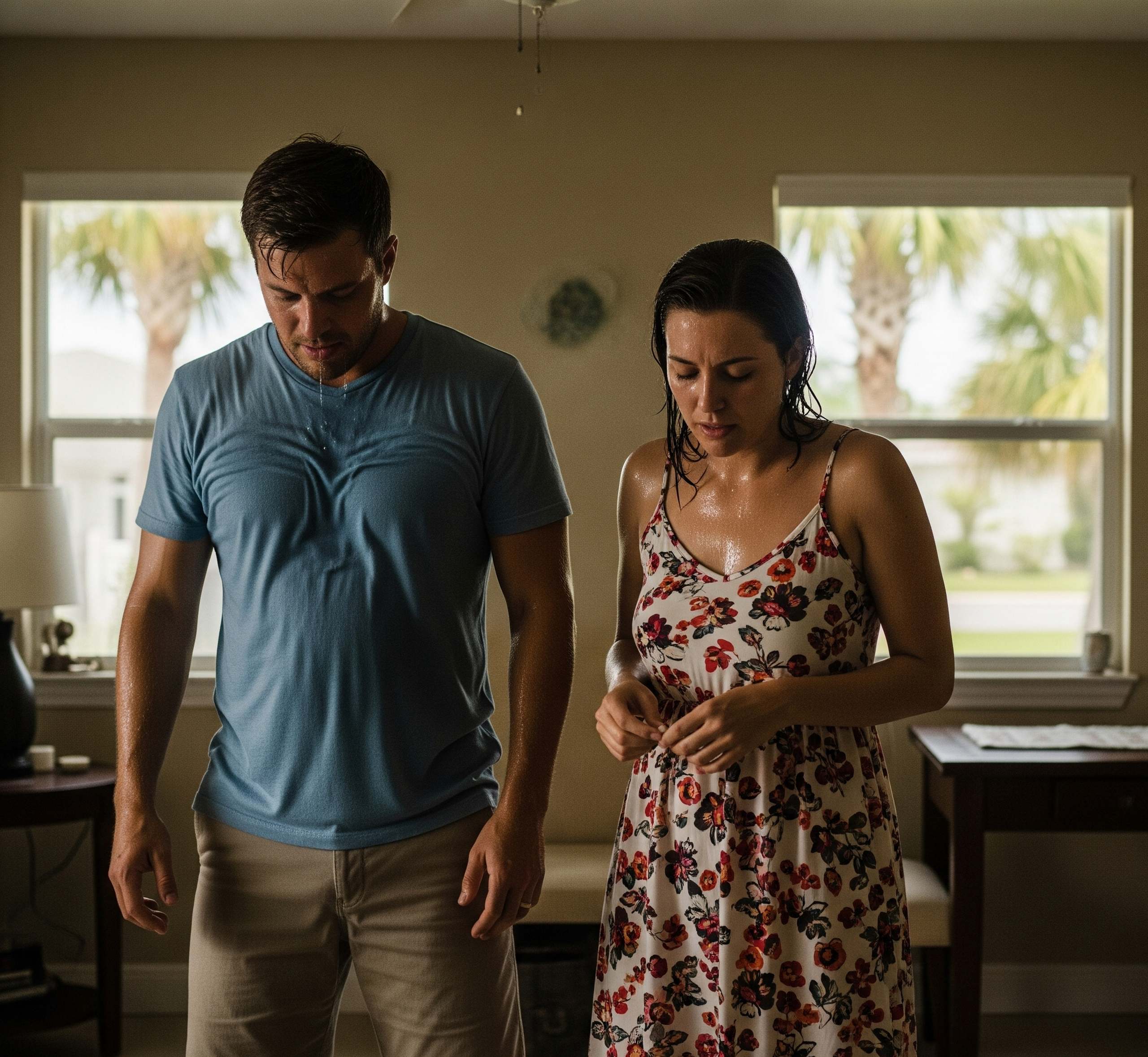 A couple struggles with muggy air, showing why knowing how to lower house humidity is essential.