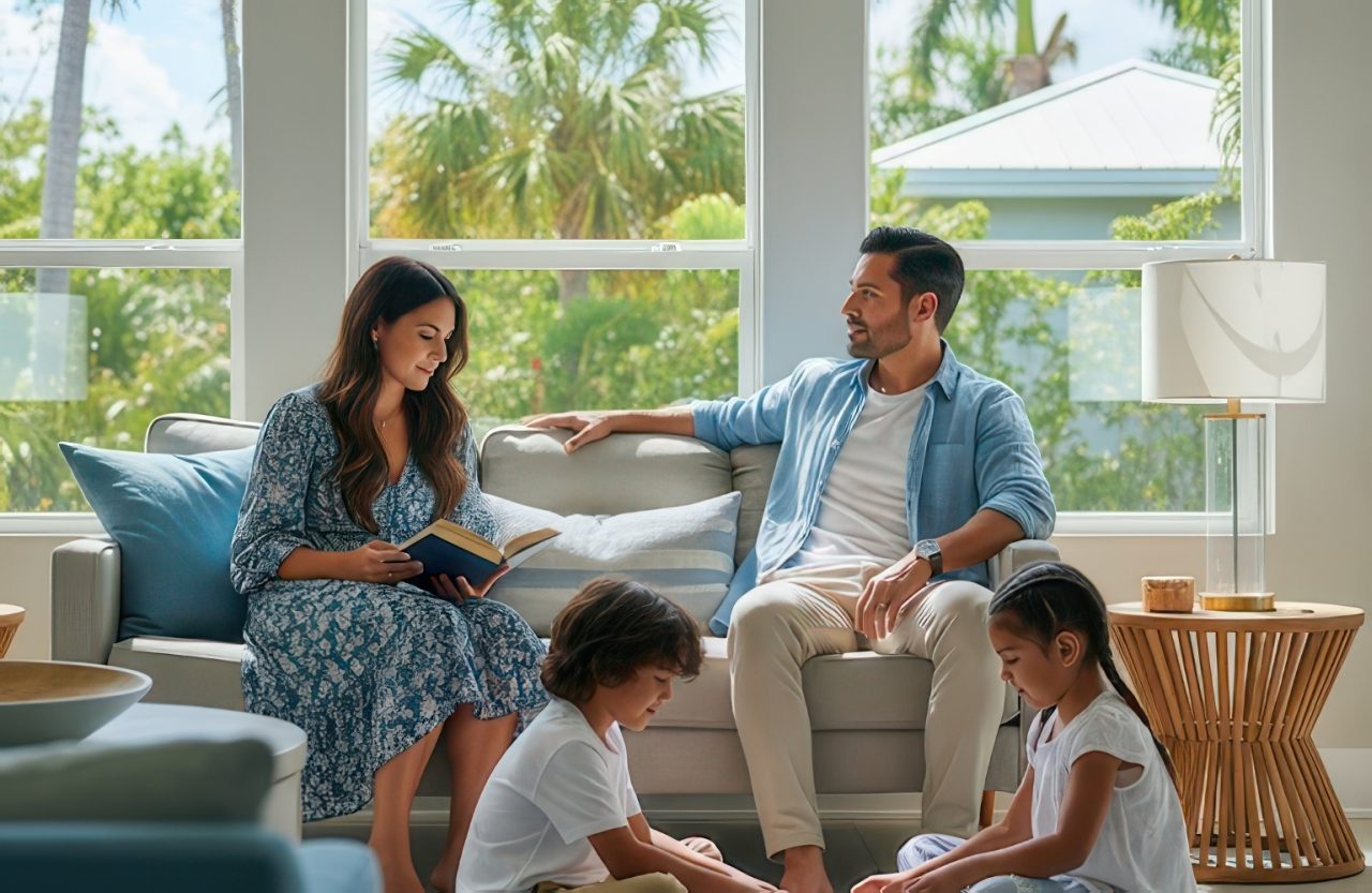 Family relaxing in a bright living room with large windows and sunlight.