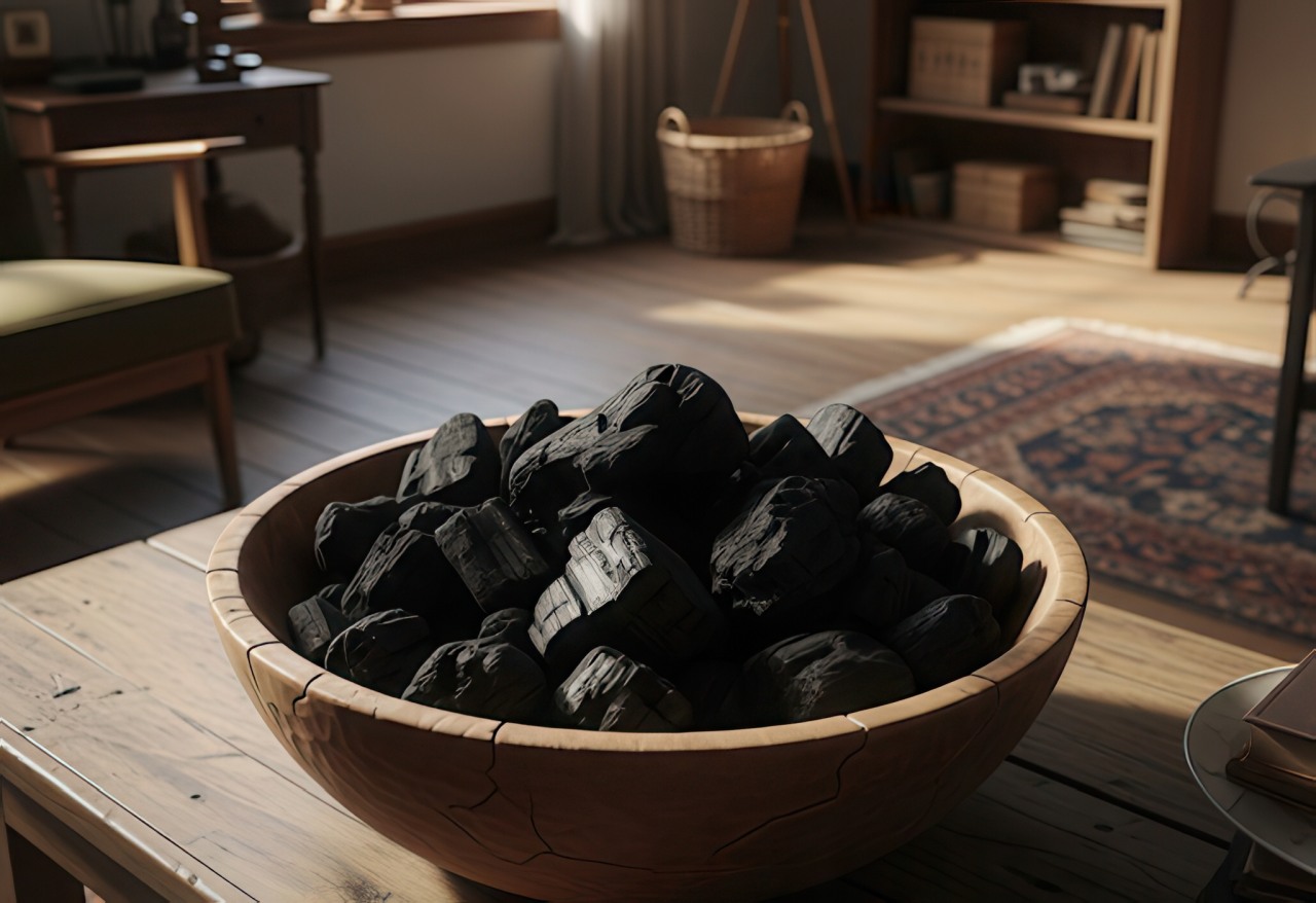 A wooden bowl filled with charcoal pieces on a living room table.