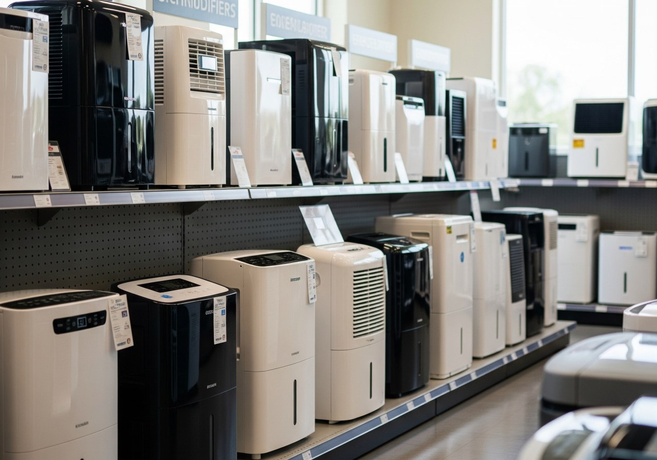 Store shelf displaying various dehumidifiers.