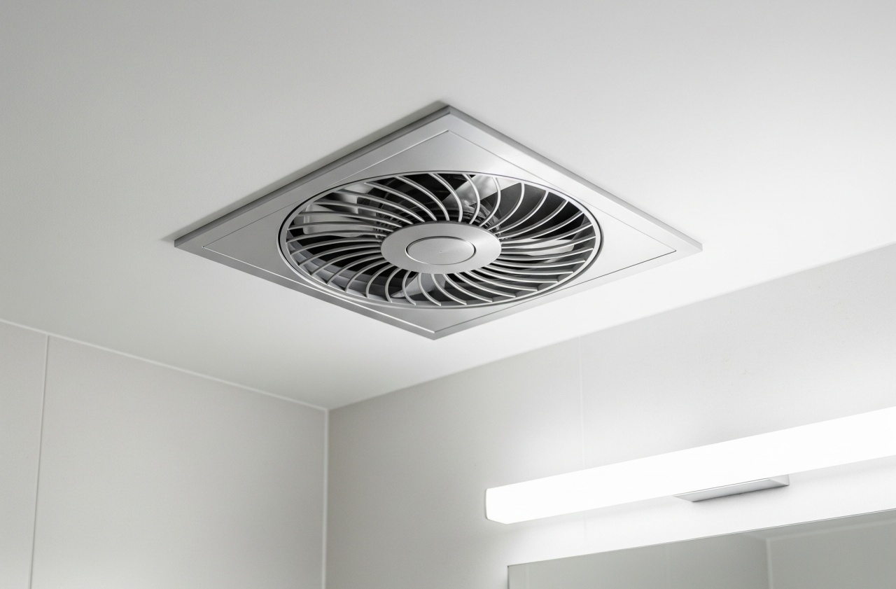 Ceiling-mounted exhaust fan in a white bathroom.