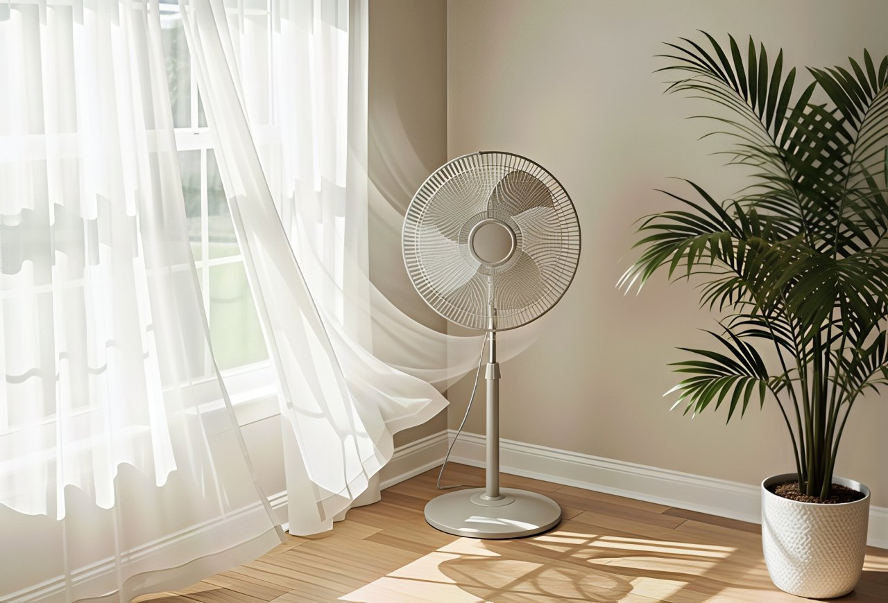 Standing fan by a window with sheer curtains and a potted plant.