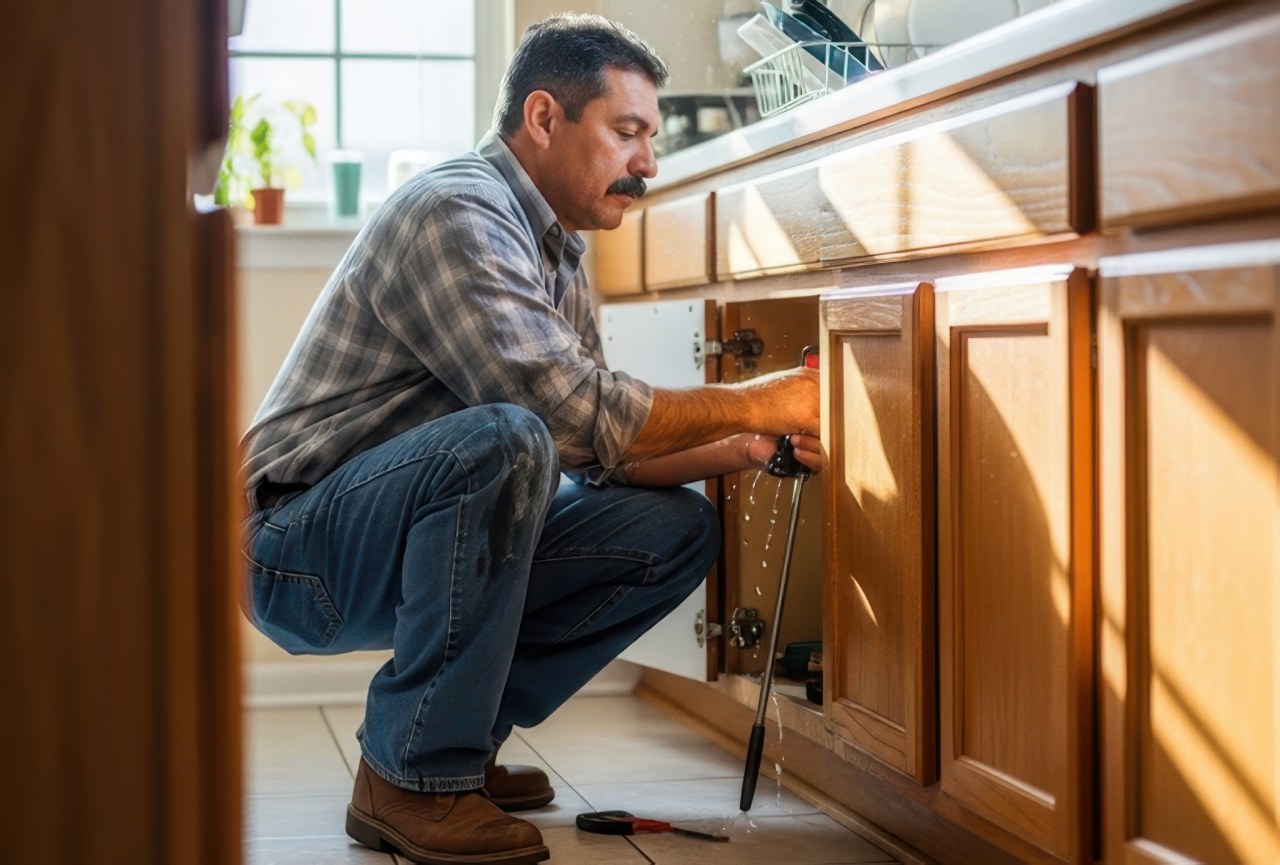 Man repairing a leaking pipe under a kitchen sink.