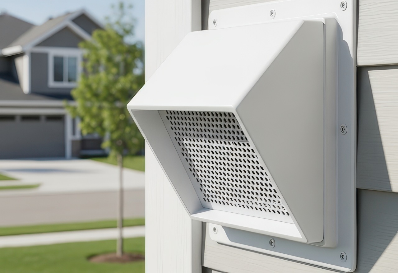 Close-up of a fresh air intake vent on a house exterior.