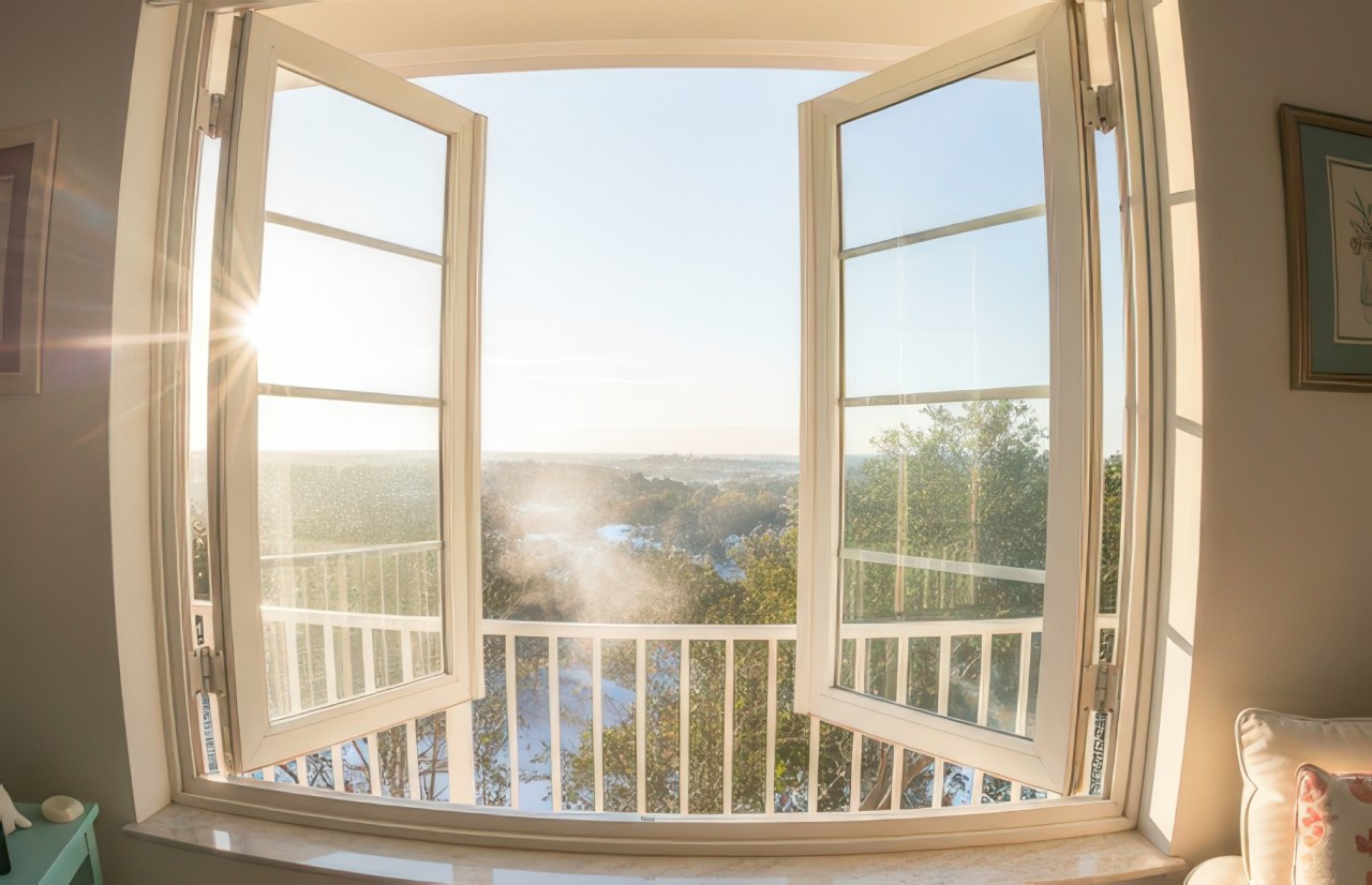 Sunlight streaming through wide open windows with a view of trees and sky, letting in fresh air.