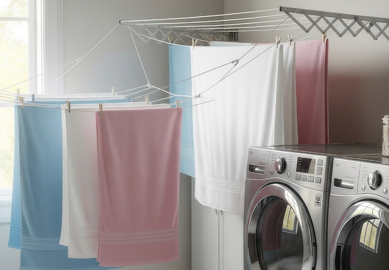 Laundry room with towels hanging to dry above a washer and dryer.