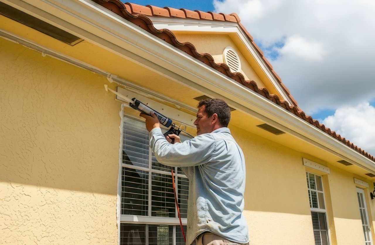 Man sealing a window frame on the outside of a house with a caulking gun.