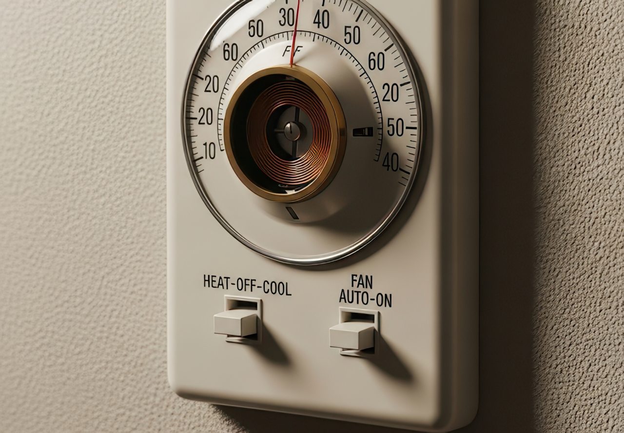 Close-up of a round manual thermostat with a dial and two switches, mounted on a textured wall.