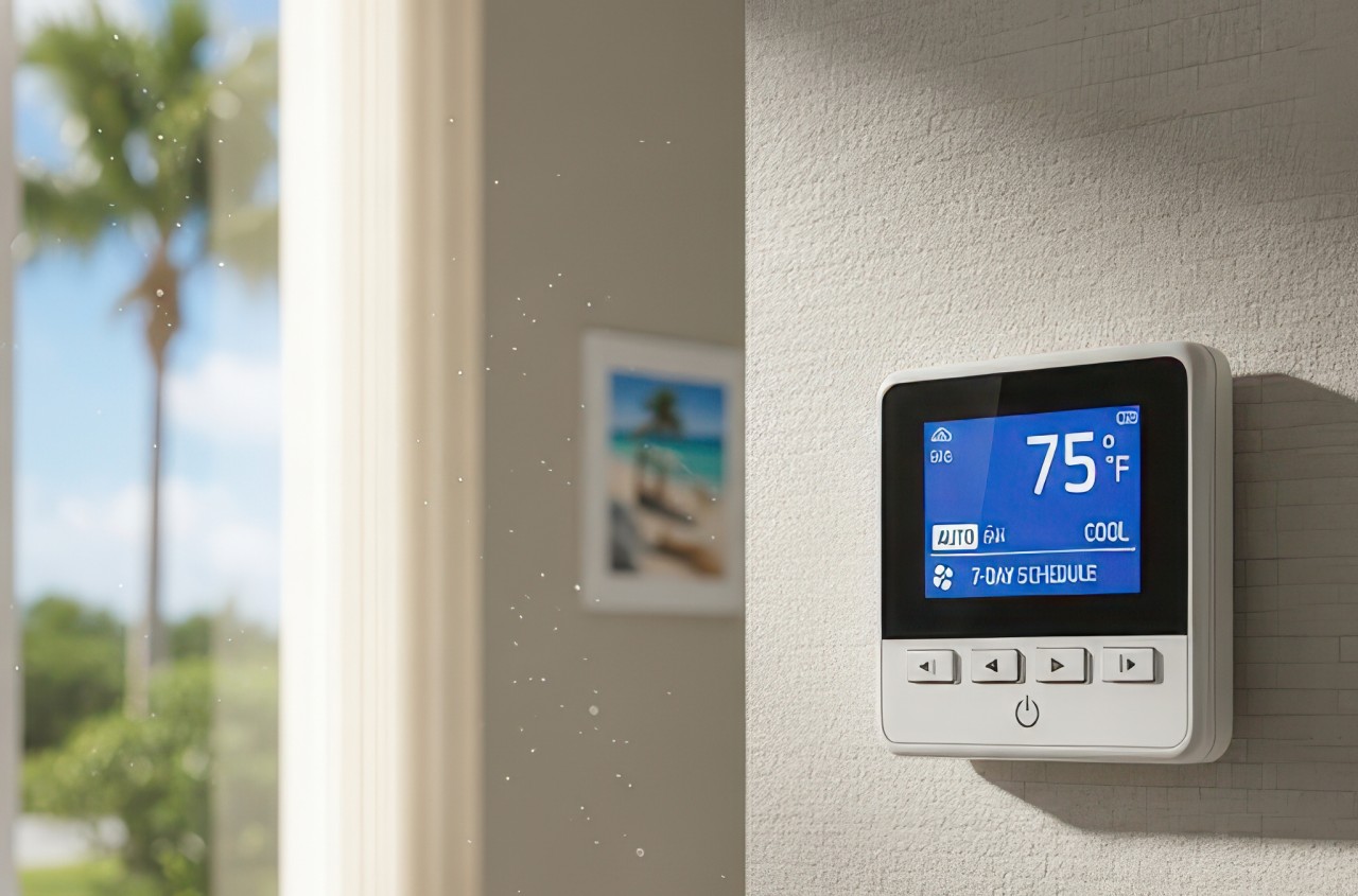 A programmable thermostat mounted on a textured wall, set to 75°F with a 7-day cooling schedule displayed on its screen.