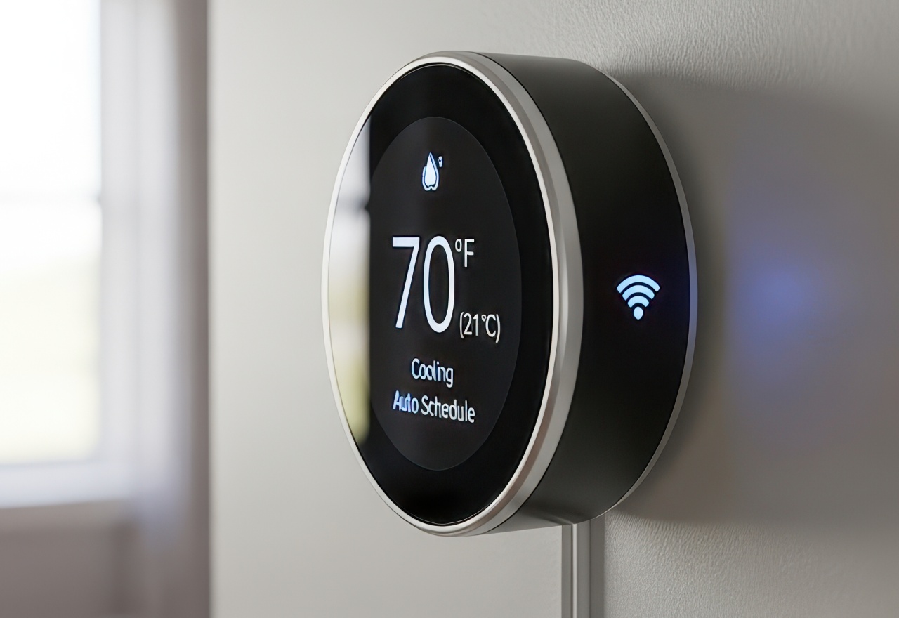 A round smart thermostat mounted on a wall, showing a cooling temperature of 70 degrees Fahrenheit with an active Wi-Fi signal.