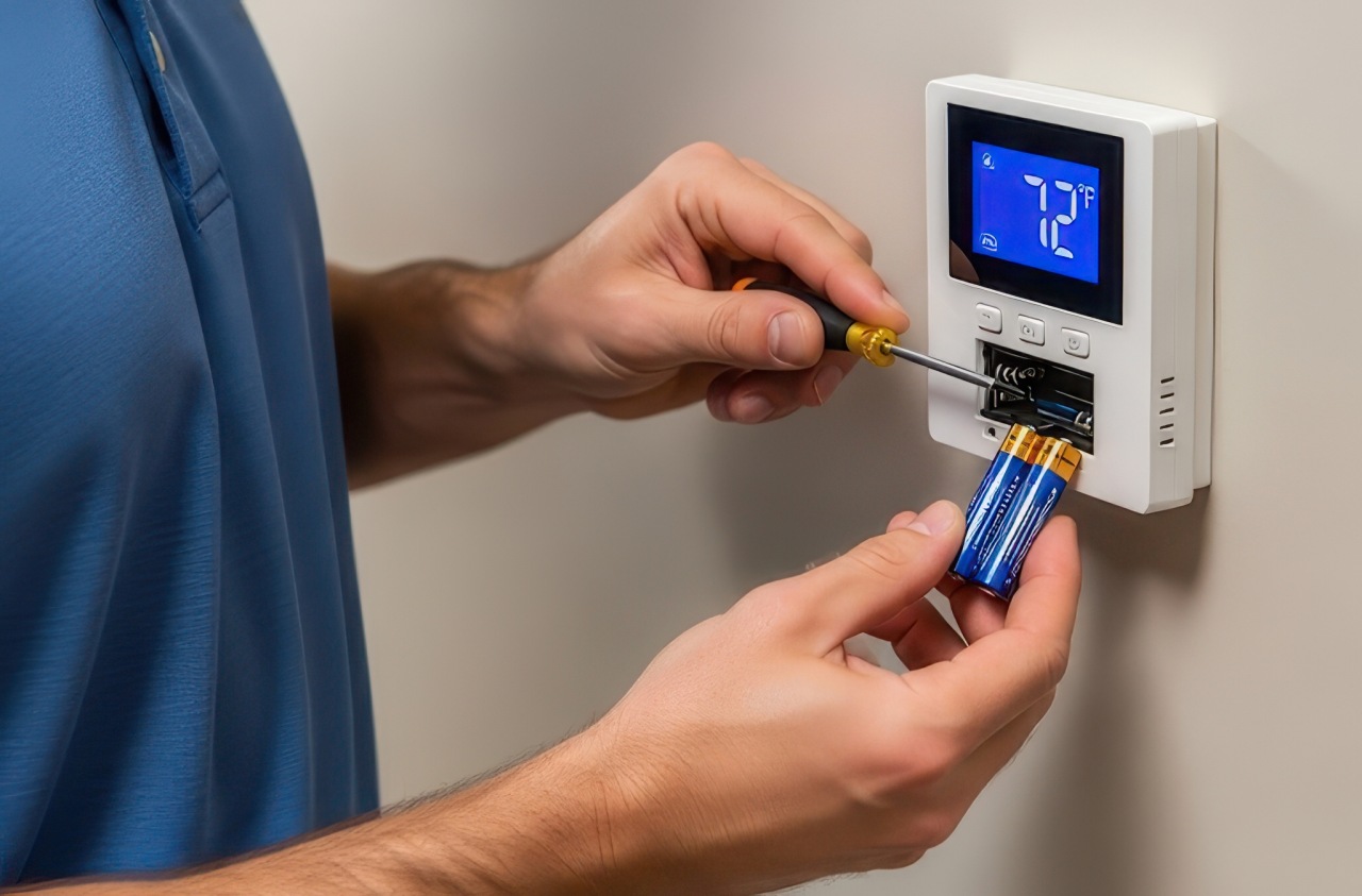 A person is replacing batteries in a digital thermostat using a screwdriver, with the screen displaying 72°F.