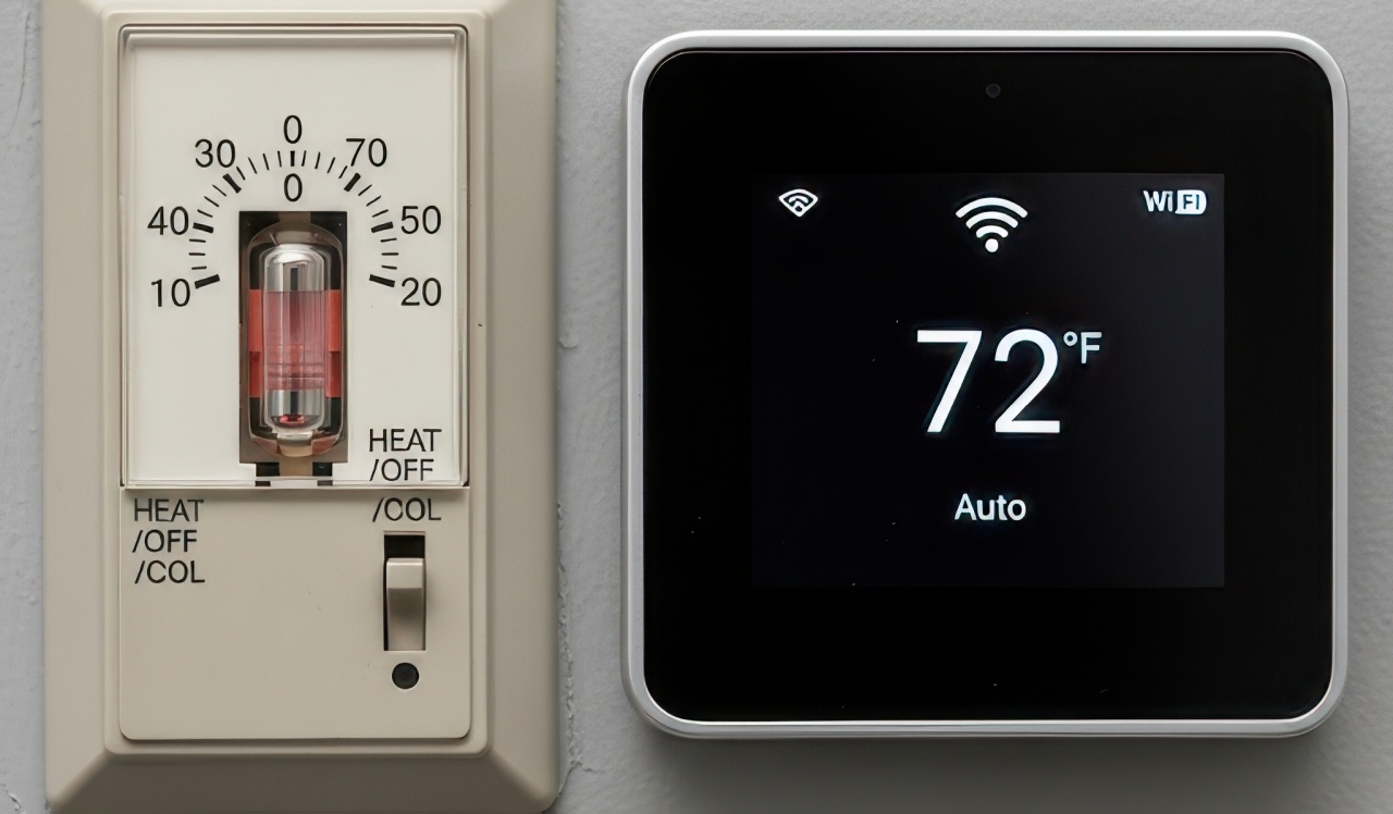 A side-by-side view of an old analog thermostat and a modern digital thermostat set to 72°F.